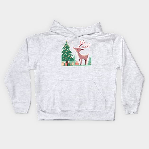 Reindeer Enjoying Their Christmas Tree Kids Hoodie by Star Fragment Designs